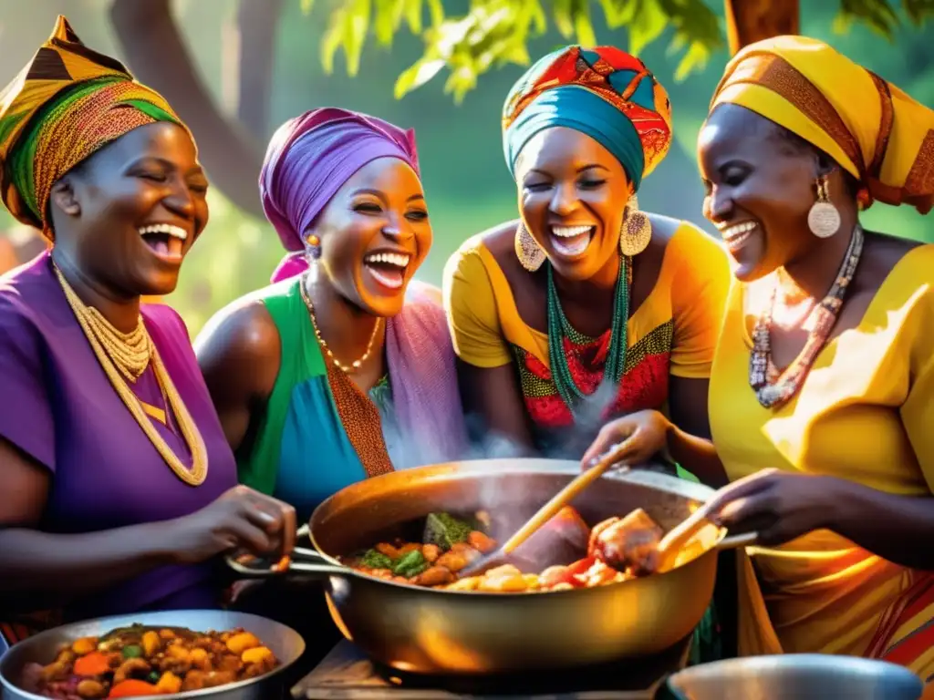 Un grupo de mujeres africanas viste coloridos trajes tradicionales, cocinando un abundante guiso mientras ríen y charlan. <b>Los ingredientes frescos y especias vibrantes completan la escena.</b> <b>El sol filtra a través de los árboles, resaltando los colores y texturas.</b> Al fondo, un