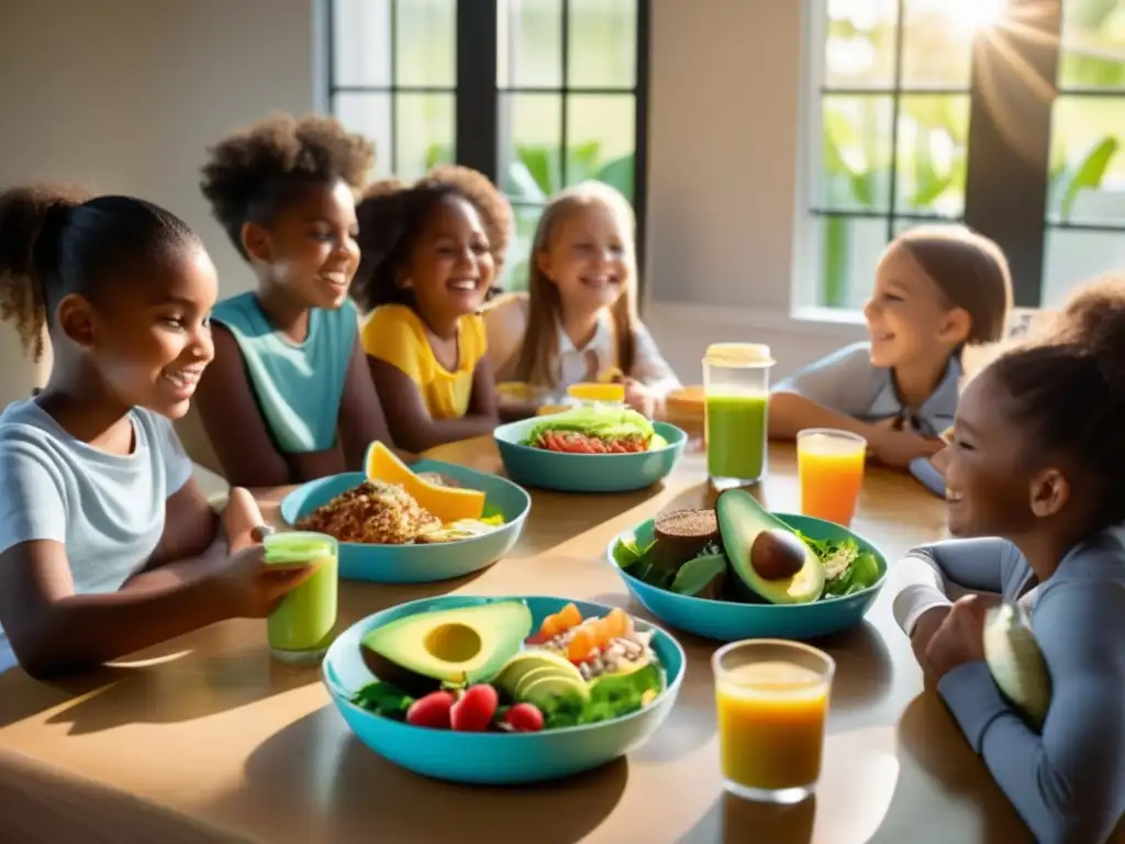 Un grupo de niños escolares disfruta de alimentos saludables para dieta cetogénica escolar en un ambiente luminoso y positivo.