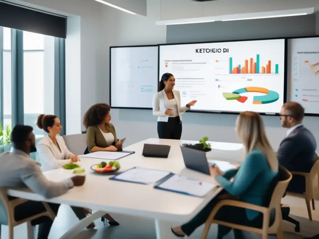 Un grupo de nutricionistas y dietistas estudian juntos en un aula moderna, rodeados de pizarras llenas de diagramas y gráficos de la dieta cetogénica. La atmósfera es de enfoque y colaboración, con una clara sensación de trabajo en equipo y determinación para obtener cert