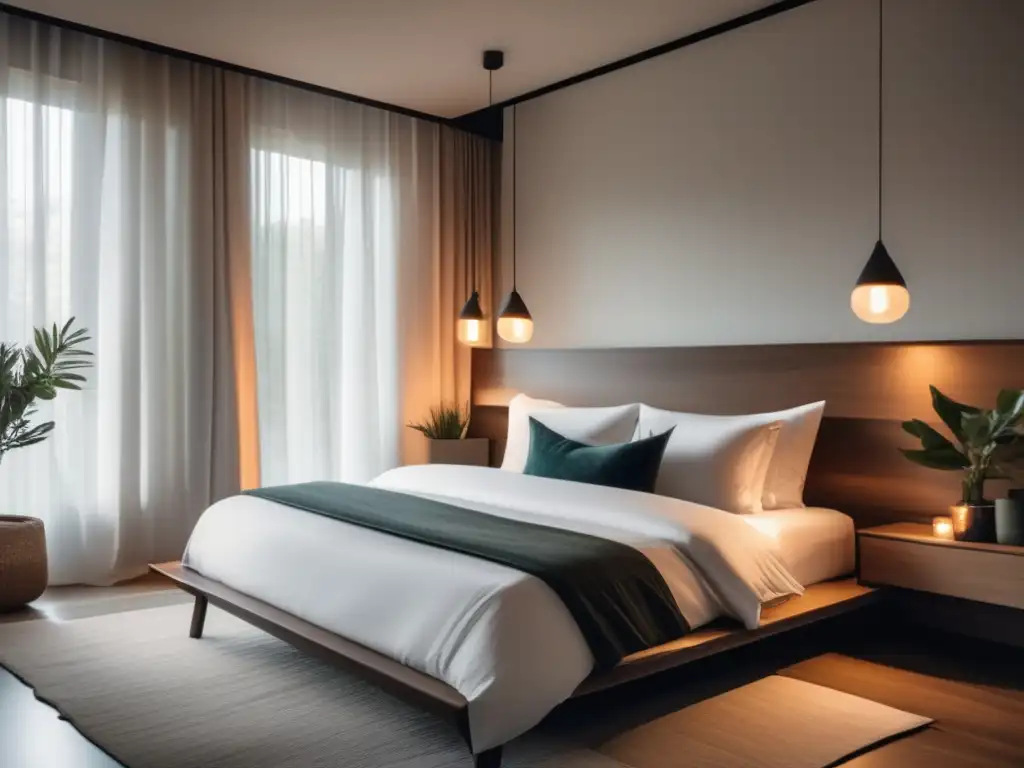 Espacio de descanso minimalista con cama king size y decoración serena