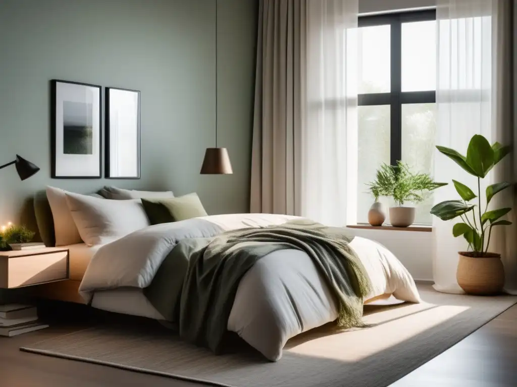 Escena de dormitorio sereno y moderno con cama acogedora y luz natural