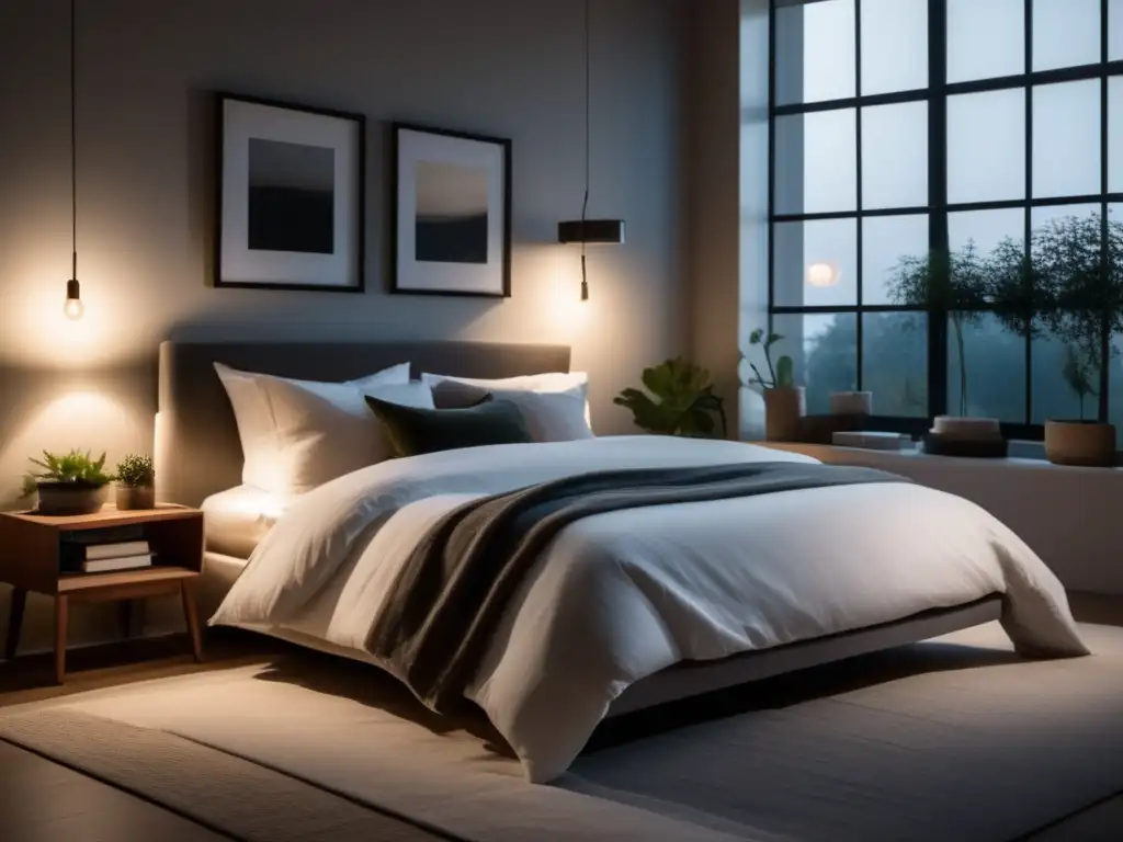 Dormitorio sereno con cama grande y decoración minimalista