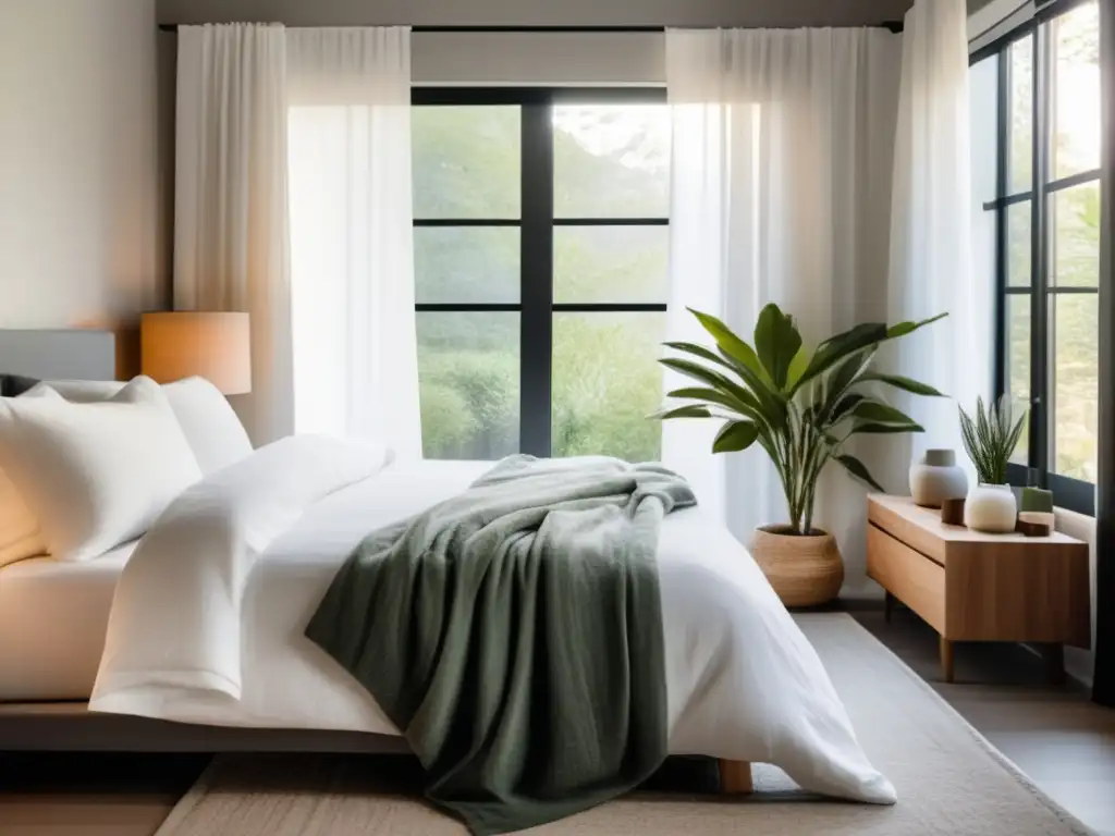Diseño minimalista en dormitorio sereno con luz natural Una habitación serena y moderna con decoración minimalista, luz natural suave y calidad del sueño con dieta cetogénica.
