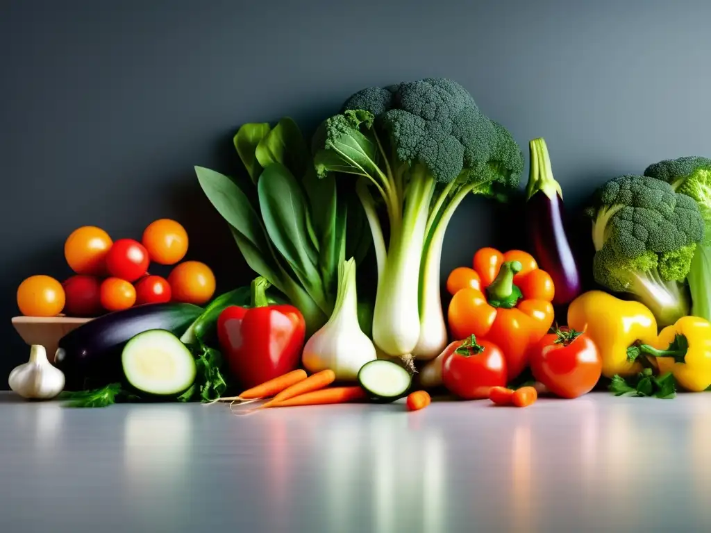 Una hermosa variedad de vegetales frescos y coloridos en una cocina moderna, transmitiendo vitalidad y salud en la dieta cetogénica vegana.