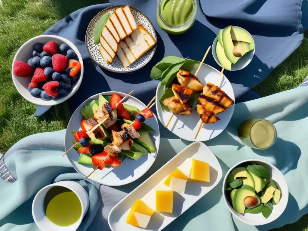 Un hermoso picnic cetogénico al aire libre con deliciosas recetas, en un parque verde bajo el sol, es una invitación a disfrutar.