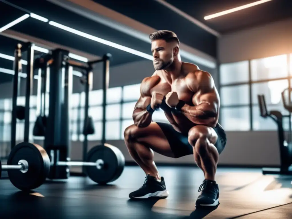 Un hombre musculoso, sin camisa, hace sentadillas con pesas en un gimnasio moderno, mostrando determinación y enfoque en la construcción de músculo en dieta cetogénica. <b>Brilla de sudor.</b> El ambiente es profesional y contemporáneo, con iluminación dramática.