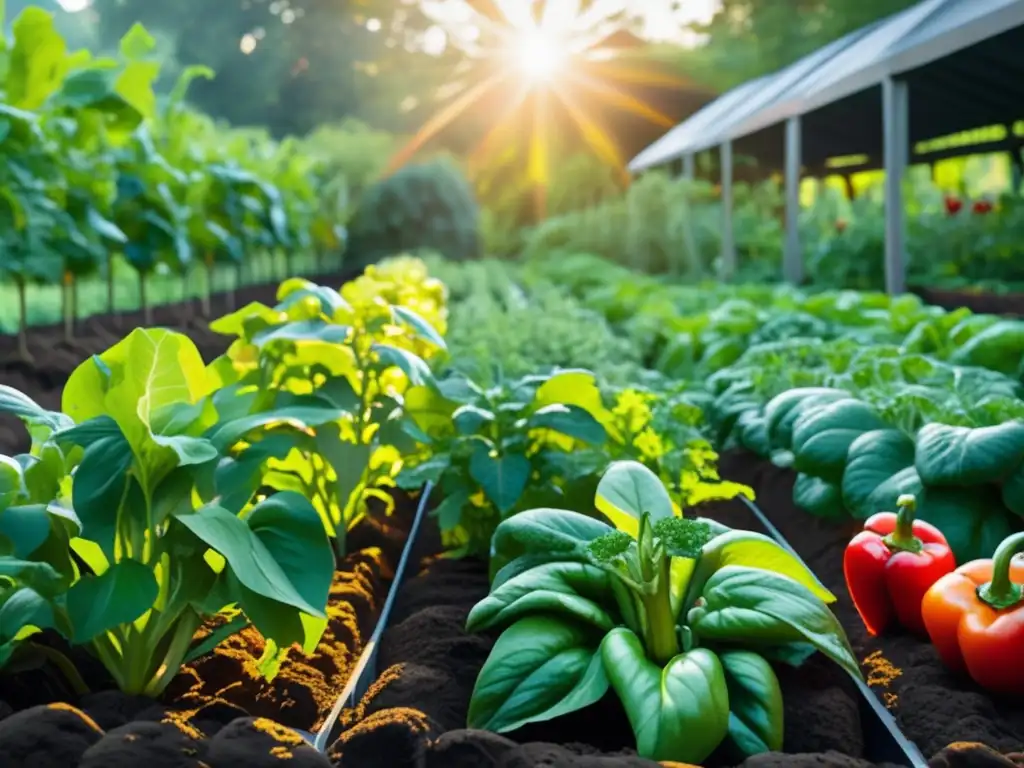 Un huerto vibrante con vegetales bajos en carbohidratos. Hojas verdes, pimientos coloridos y tomates maduros bajo la luz del sol.