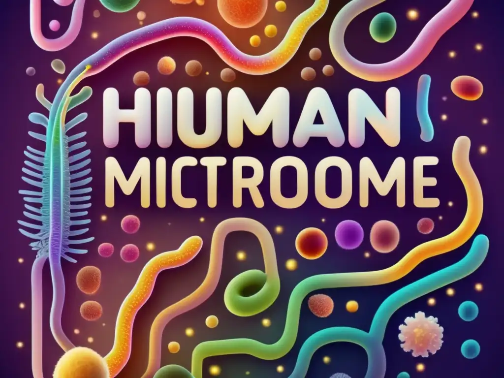 Una ilustración detallada del microbioma intestinal humano, mostrando la red de bacterias y microorganismos en un intestino colorido y saludable. Destaca la influencia de la dieta cetogénica en el microbioma intestinal.