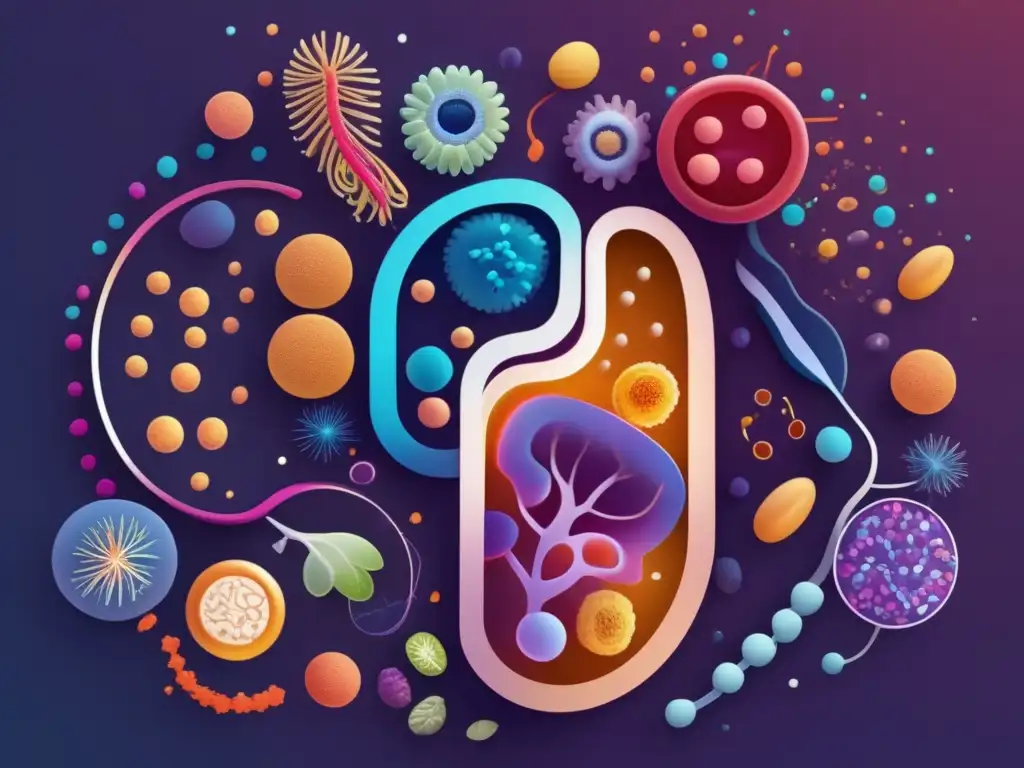 Una ilustración moderna y detallada del microbioma intestinal, representa el impacto de la dieta cetogénica en enfermedades intestinales. Los colores vibrantes capturan su vitalidad.