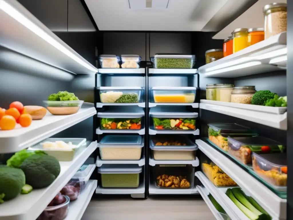 Una imagen de batch cooking cetogénico, con comidas coloridas y nutritivas organizadas en el refrigerador.