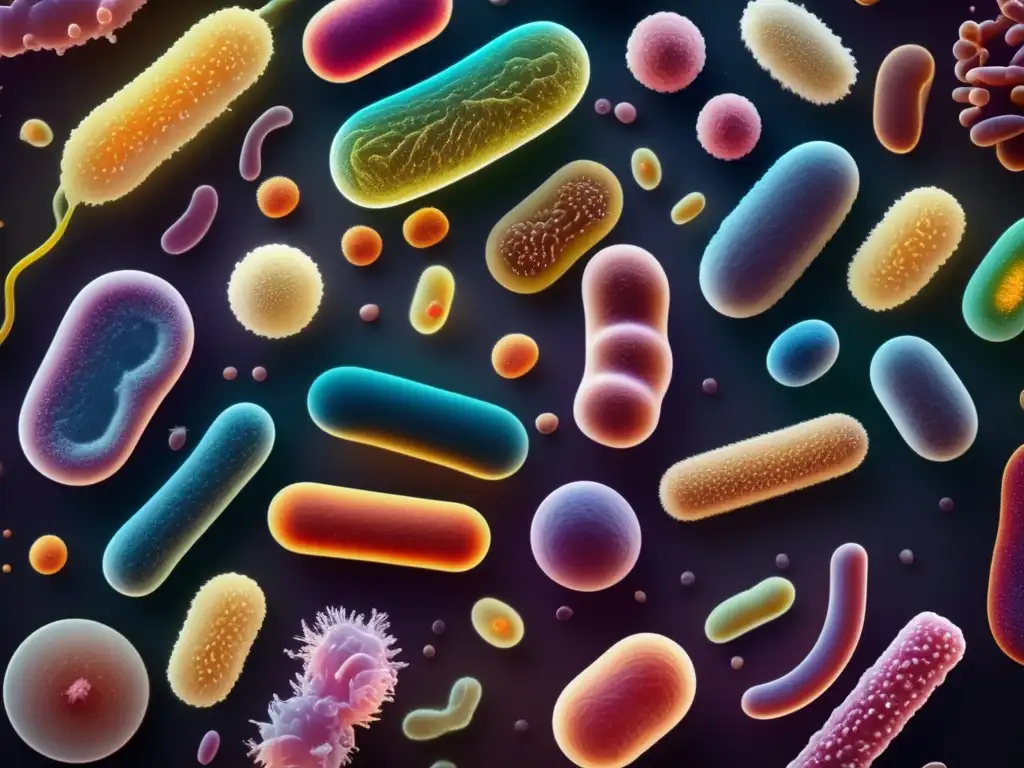 Una imagen detallada de bacterias intestinales en un fondo oscuro, destacando la relación compleja entre la dieta cetogénica y el microbioma.