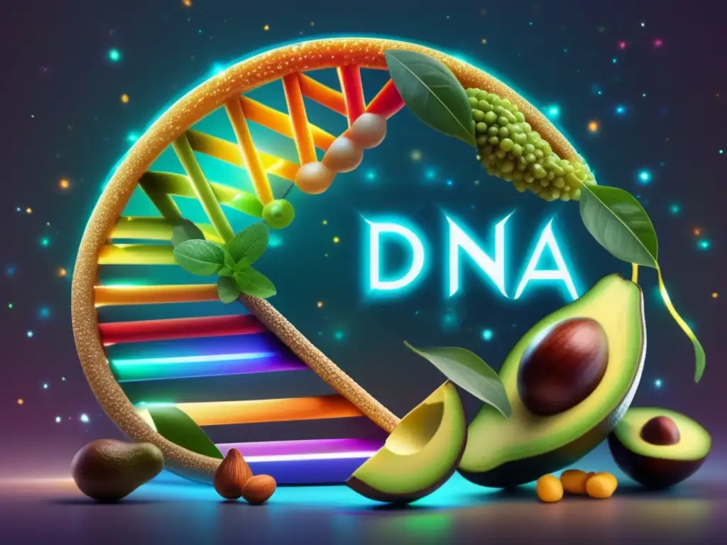 ADN ceto: genes brillantes y alimentos saludables Una imagen detallada de un ADN doble hélice con colores vibrantes que representan marcadores genéticos, rodeada de alimentos cetogénicos, y una silueta superpuesta con secuencias genéticas, evocando la interacción entre genética y la dieta cetogénica.
