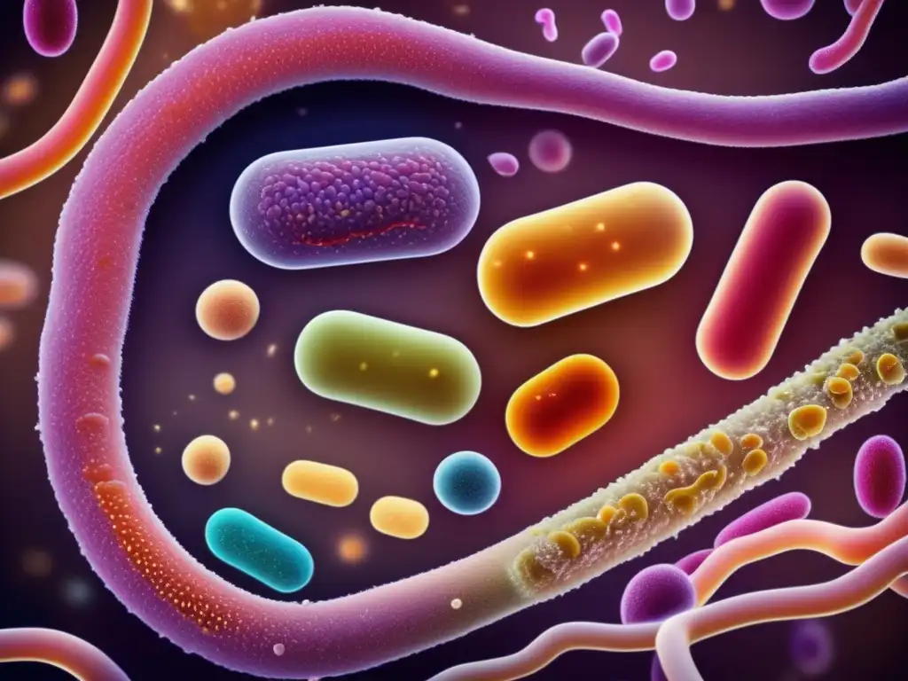 Una imagen detallada muestra un ecosistema vibrante de microbiota intestinal, destacando los beneficios de probióticos en cetosis.