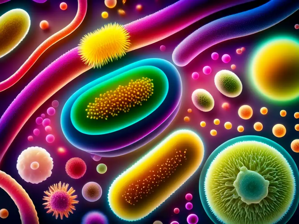 Una imagen detallada de la microbiota intestinal en dieta cetogénica, mostrando una comunidad microbiana diversa y próspera en el intestino humano.