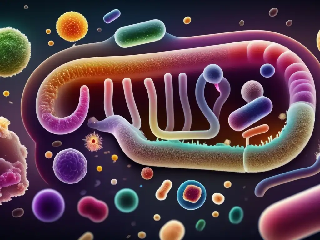 Una imagen ultradetallada del microbioma intestinal humano con varias bacterias y microorganismos claramente visibles y etiquetados. <b>El fondo oscuro resalta los detalles intrincados y el ecosistema complejo dentro del microbioma.</b> <b>La estética científica moderna, con colores vibrantes y claridad de alta definición