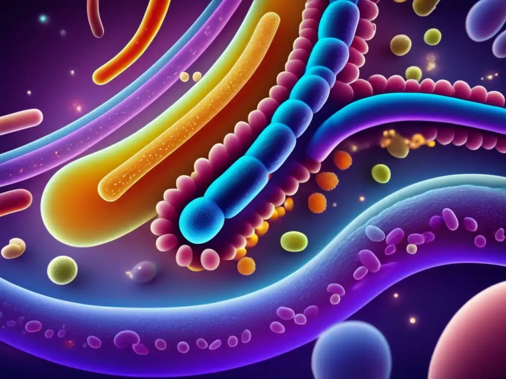 Una impactante imagen de bacterias y microorganismos del microbioma humano, en colores vibrantes y realistas, capturando la esencia de adaptar el microbioma a la dieta cetogénica.