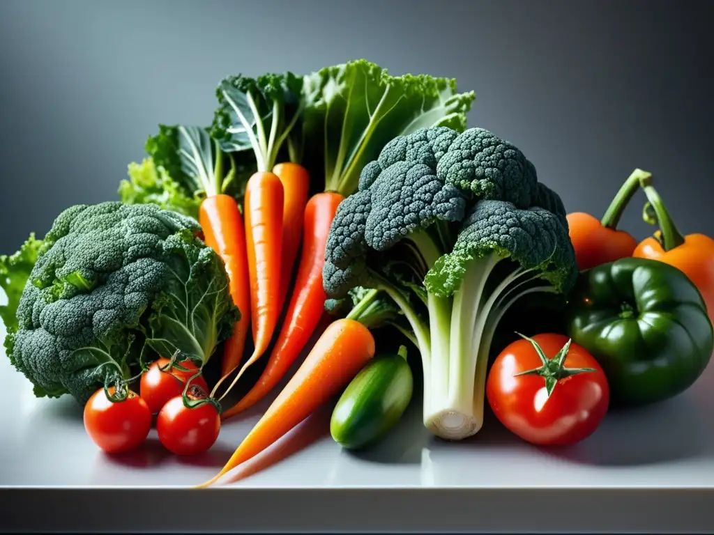 Una impactante variedad de verduras frescas y coloridas sobre una encimera moderna, transmitiendo vitalidad y salud en la dieta cetogénica.