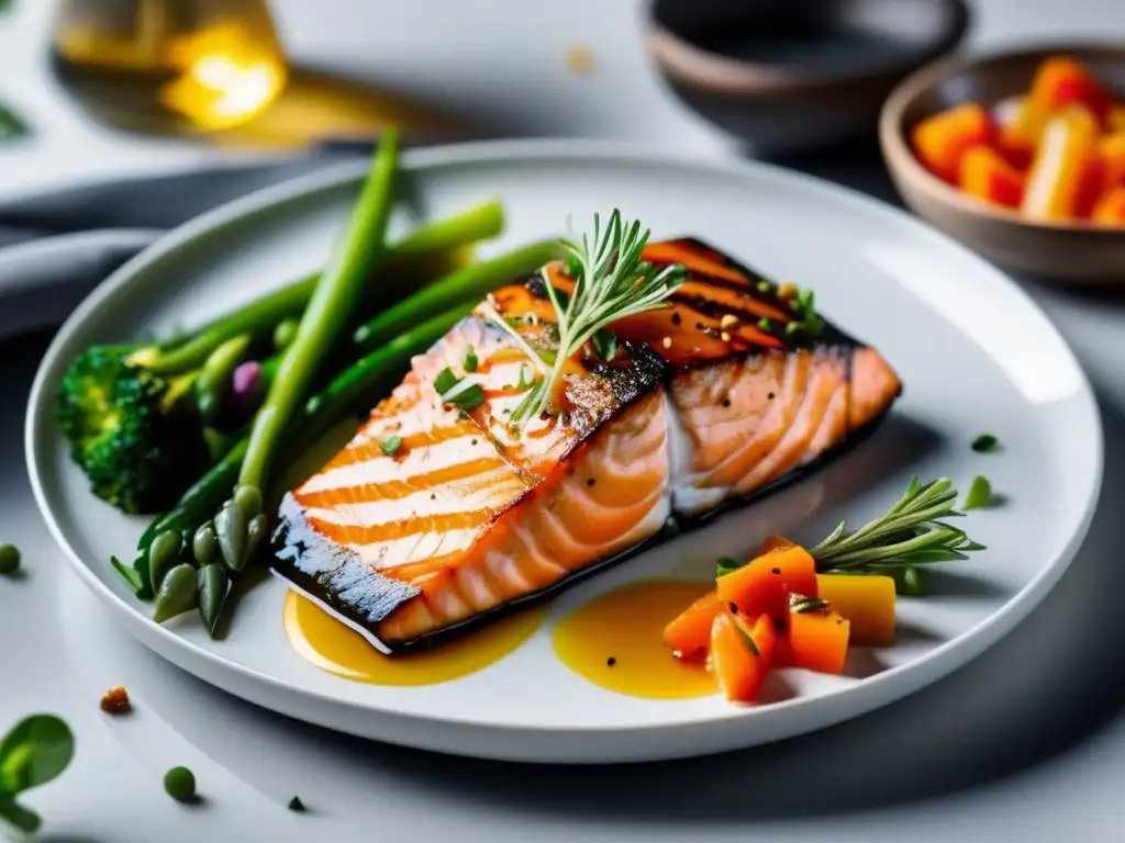 Importancia de la certificación en la dieta cetogénica: Detalle ultra nítido de un plato con comida cetogénica colorida y vibrante.