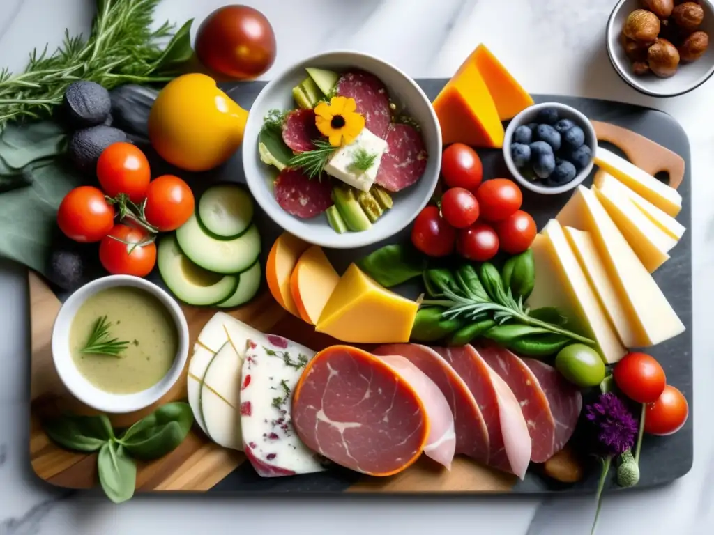 Un impresionante menú cetogénico para ocasiones especiales, con una tabla de embutidos y vegetales coloridos sobre una elegante tabla de mármol.