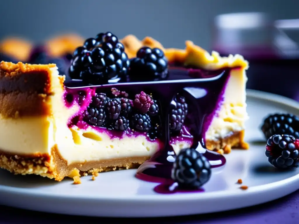 Un irresistible Cheesecake de moras sin azúcar cetogénico con textura cremosa, compota de moras y base crujiente dorada.