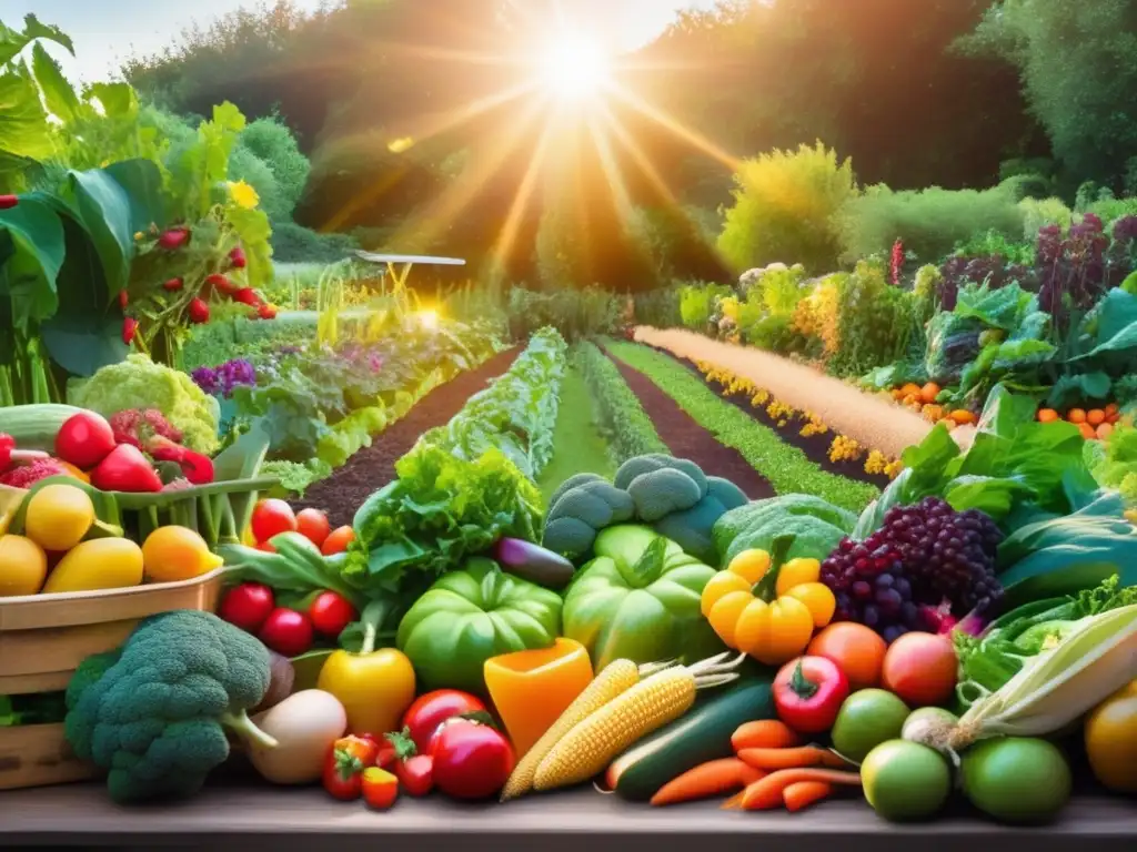 Un jardín exuberante y vibrante, lleno de vegetales y frutas coloridos bajo el cálido brillo dorado del sol. <b>Las hileras de cultivos están ordenadas, mostrando la variedad de alimentos vegetales de la dieta cetogénica vegana.</b> Las abejas y mariposas revolotean entre