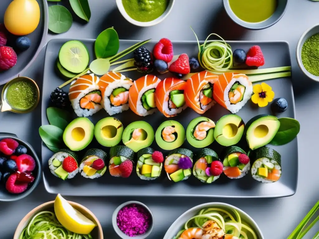 Una lujosa presentación de platos cetogénicos para ocasiones especiales, con sushi de aguacate y salmón, fideos de calabacín con pesto, brochetas de camarones a la parrilla y una variedad de bayas frescas y frutos secos en una elegante bandeja contemporá