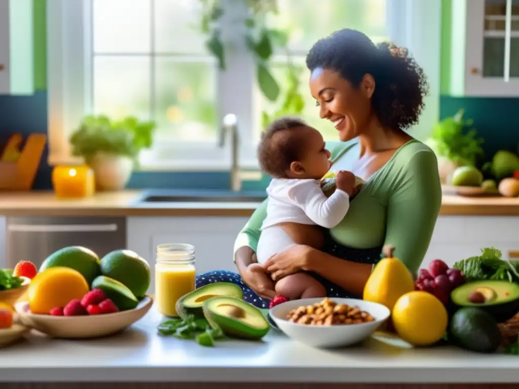 Una madre amamantando a su bebé en una cocina luminosa y rodeada de alimentos coloridos y ricos en nutrientes clave dieta cetogénica lactancia.