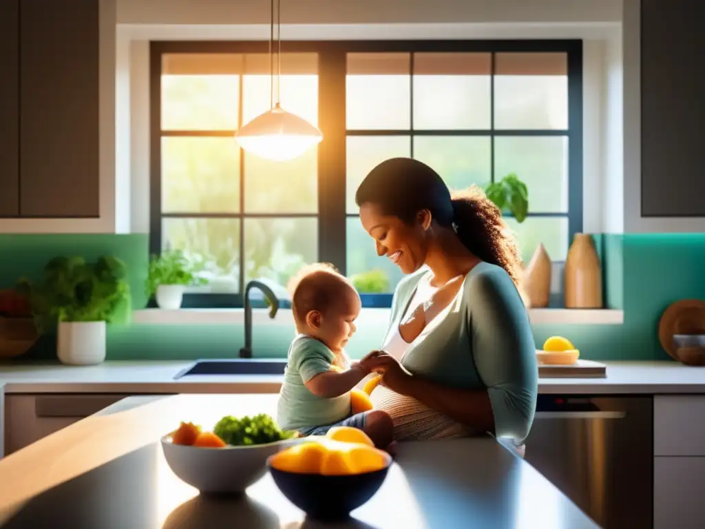 Una madre amamantando a su bebé en una cocina moderna, disfrutando de una dieta cetogénica. La luz del sol crea un ambiente cálido y tranquilo, destacando el equilibrio entre la lactancia y la dieta cetogénica para el desarrollo fetal.