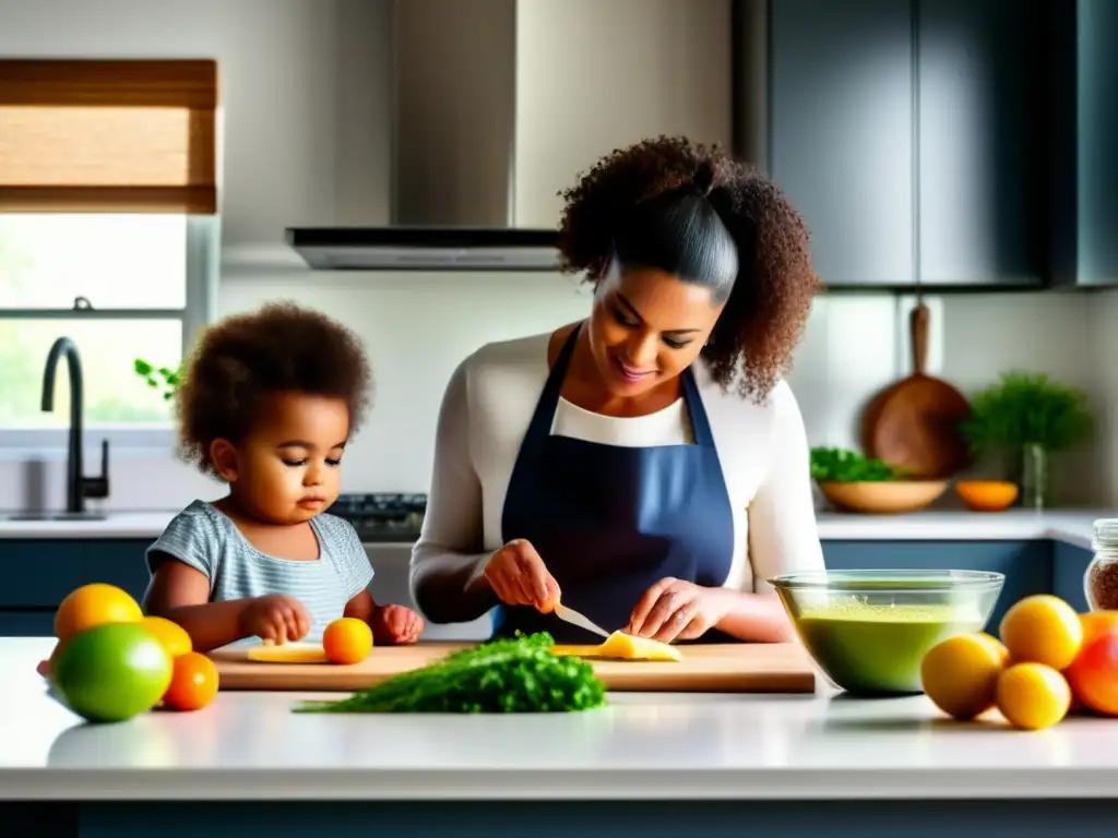 Una madre y su hijo disfrutan juntos de la experiencia de cocinar una receta cetogénica en una cocina moderna y luminosa.