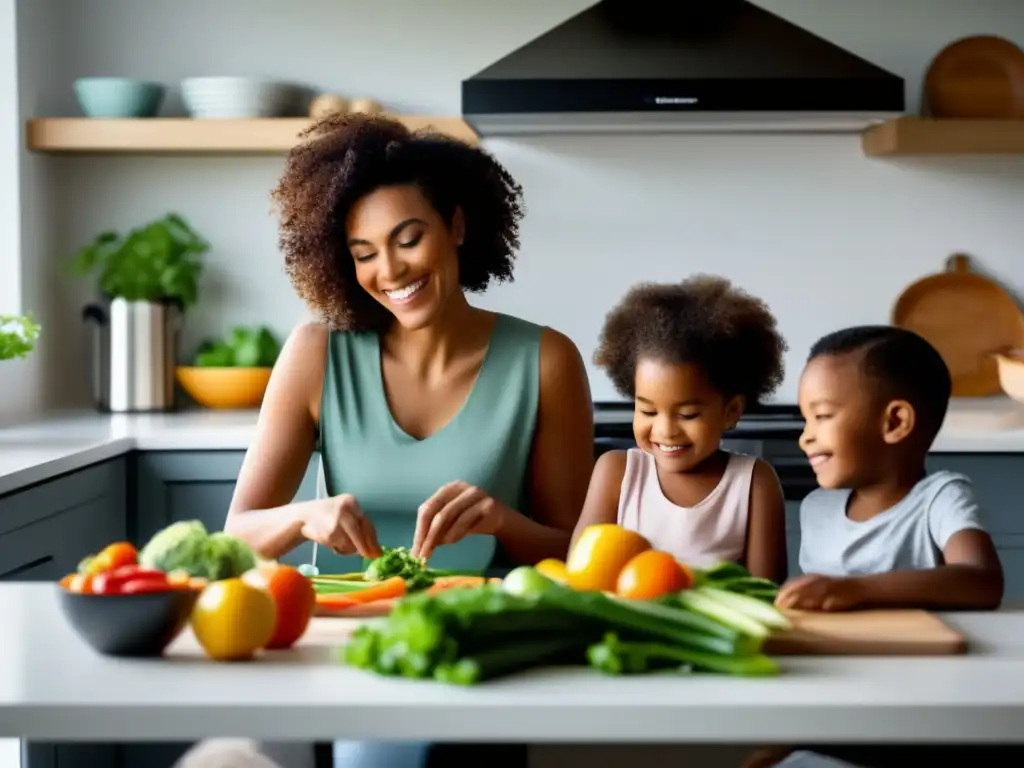 Una madre sonriente prepara una comida cetogénica para sus tres hijos en una cocina moderna y minimalista bañada por luz natural.