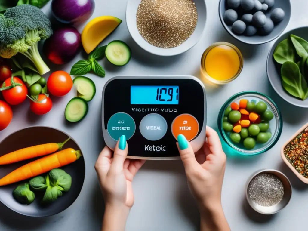 Una mano femenina sostiene herramientas y suplementos coloridos para estrategias para superar plataformas cetogénicas en una cocina moderna y luminosa.