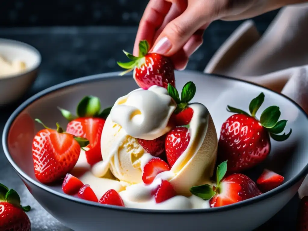 Una mano esparciendo fresas frescas en un bol con base de helado cetogénico casero. La vibrante mezcla de colores y texturas es exquisita.