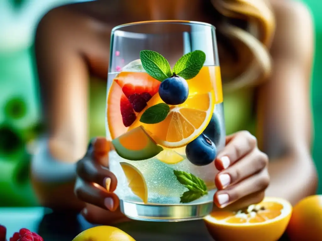 Mano radiante sosteniendo vaso de agua con frutas Una mano sostiene un vaso de agua infusionada con frutas y hierbas, resaltando la hidratación, la dieta cetogénica y la piel radiante.