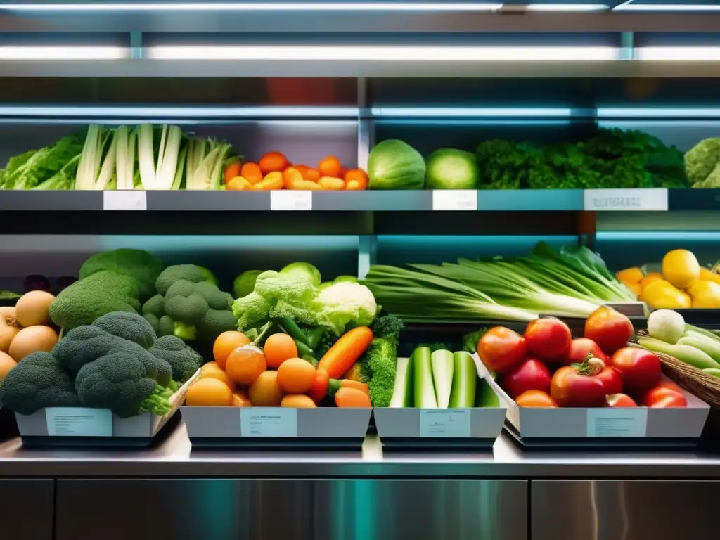 Una mano selecciona vegetales orgánicos frescos en un moderno supermercado, transmitiendo seguridad en la compra de productos cetogénicos.