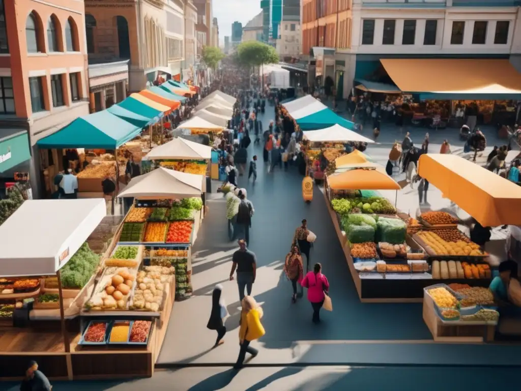 Un mercado urbano bullicioso muestra la compleja accesibilidad de la dieta cetogénica en distintos estratos sociales.