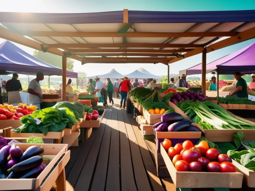 Un mercado vibrante con verduras orgánicas y compradores discutiendo dieta cetogénica y longevidad saludable.