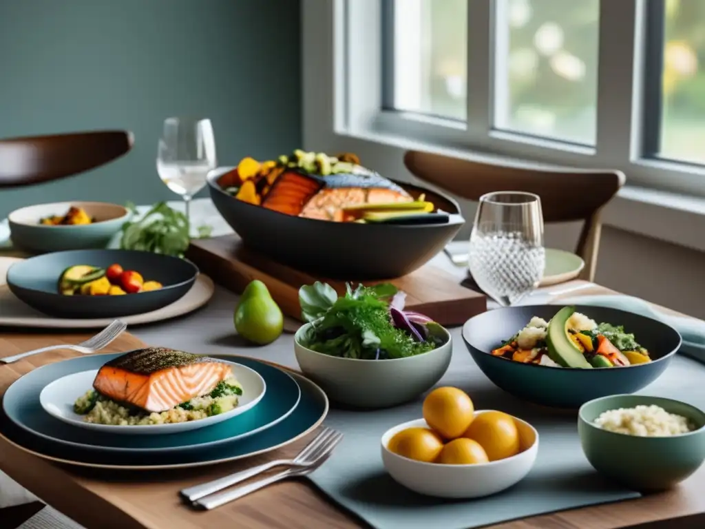 Una mesa de comedor bellamente decorada con platos coloridos y cetogénicos, creando un ambiente cálido para recetas cocina cetogénica en familia.