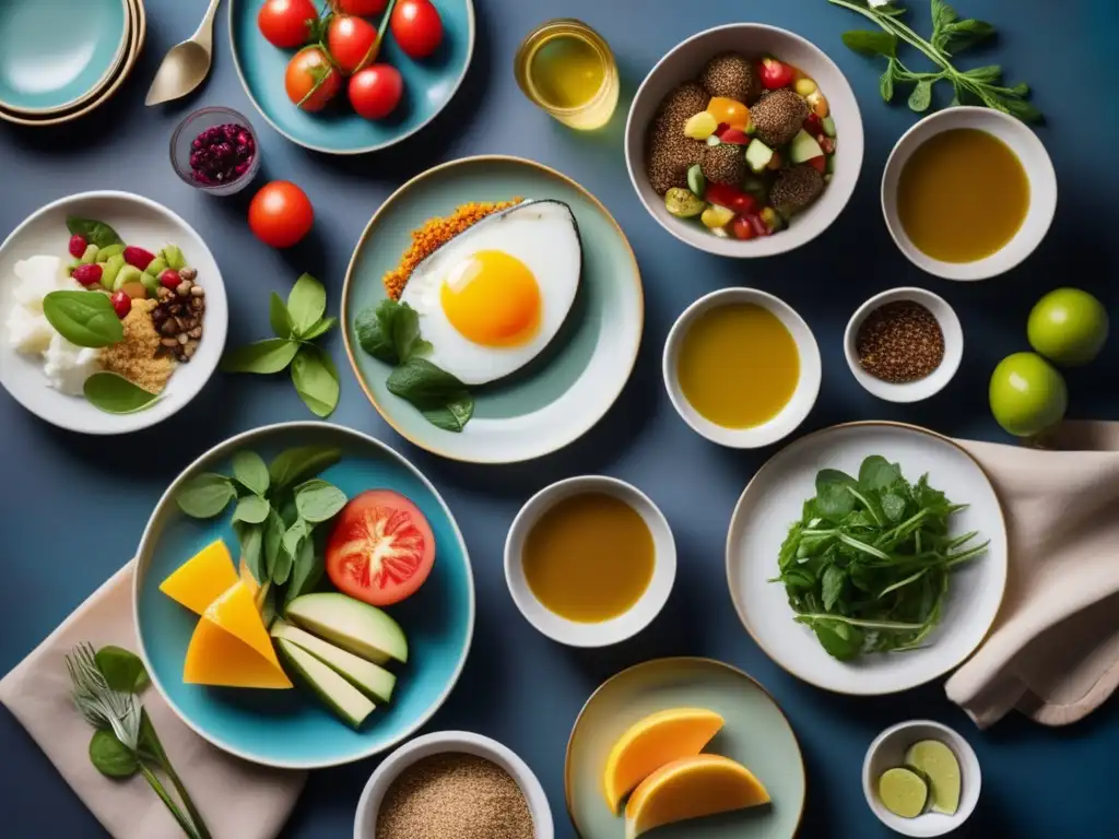 Una mesa bellamente decorada con platos cetogénicos de diferentes culturas, adaptando la dieta cetogénica herencia culinaria con un toque moderno y colorido.