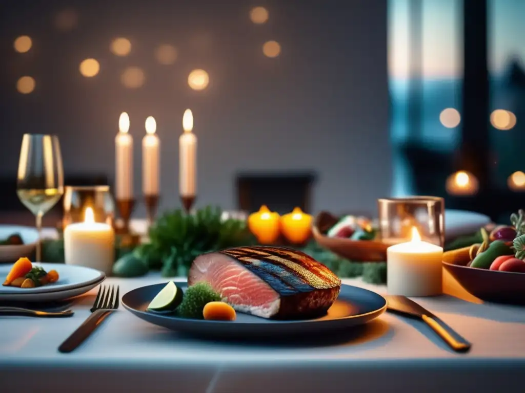 Una mesa elegante con deliciosas recetas cetogénicas, iluminada por velas, evocando una cena relajante y un sueño reparador.