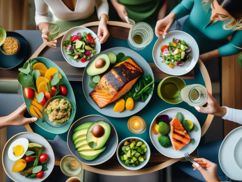 Una mesa familiar bellamente decorada con deliciosos menús cetogénicos, rodeada de sonrientes familiares disfrutando de la comida juntos.