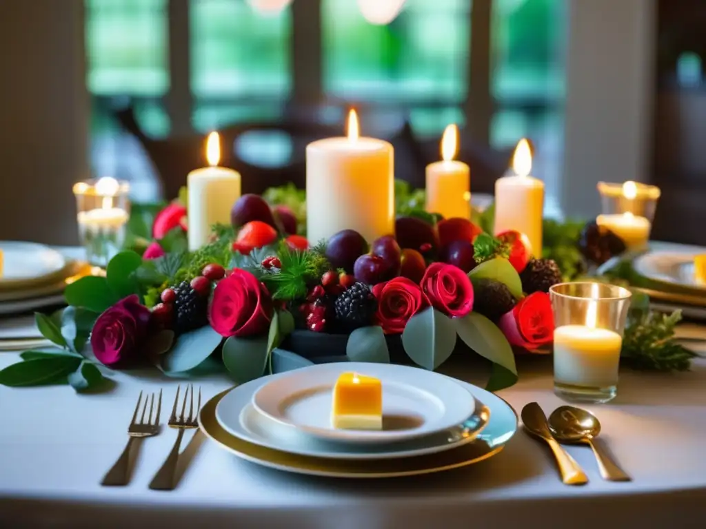 Una mesa festiva con comidas bajas en carbohidratos, elegante vajilla, velas y flores vibrantes, creando un ambiente acogedor y celebratorio.