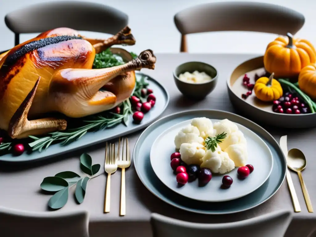 Una mesa de Acción de Gracias con elegantes platos bajas en carbohidratos, decoración otoñal y luz de velas, para una celebración festiva.