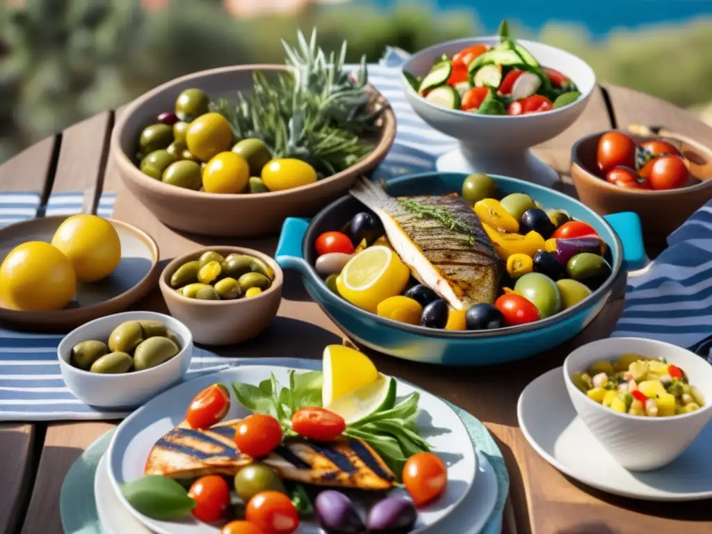 Una mesa mediterránea rebosante de vegetales frescos, aceitunas, aceite de oliva dorado en un salero decorativo y platos cetogénicos. El escenario es una terraza bañada por el sol con vista al mar, con una mesa de madera rústica y manteles individuales tej