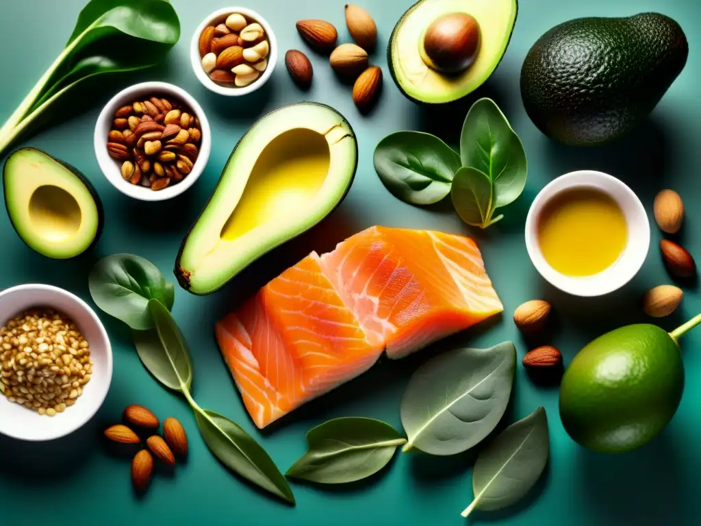 Una mesa minimalista con alimentos ricos en electrolitos para dieta cetogénica.</b> Vibrantes colores y texturas resaltan bajo suave luz natural.