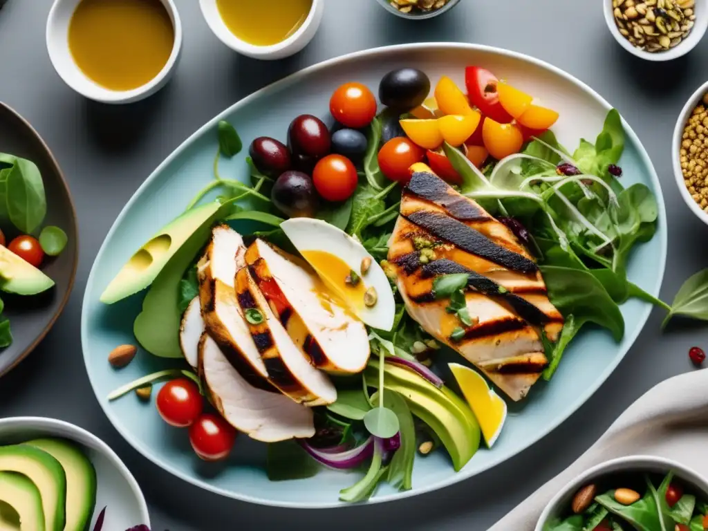 Una mesa minimalista con platos coloridos y deliciosos, ideal para desafíos alimentación colectiva dieta cetogénica.