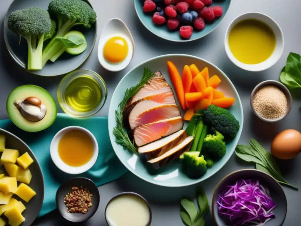 Una mesa minimalista con una variedad de comidas cetogénicas coloridas, perfectas para la dieta cetogénica para la epilepsia resistente.