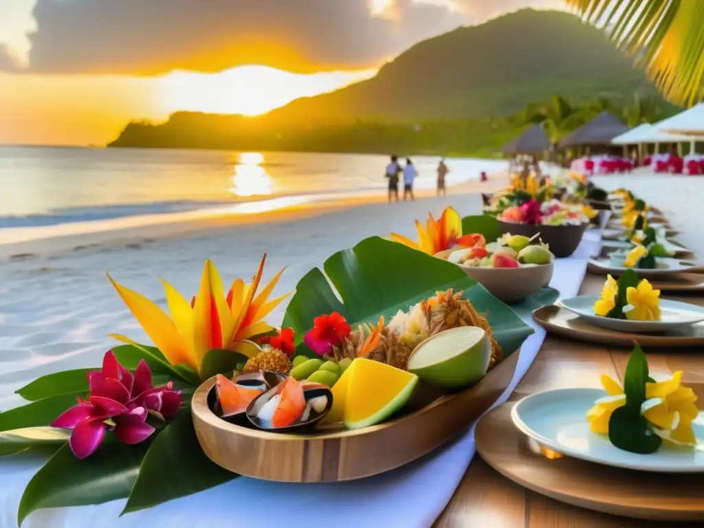 Una mesa repleta de manjares polinesios en una playa de arena blanca al atardecer, reflejando la adopción de dieta cetogénica en culturas.