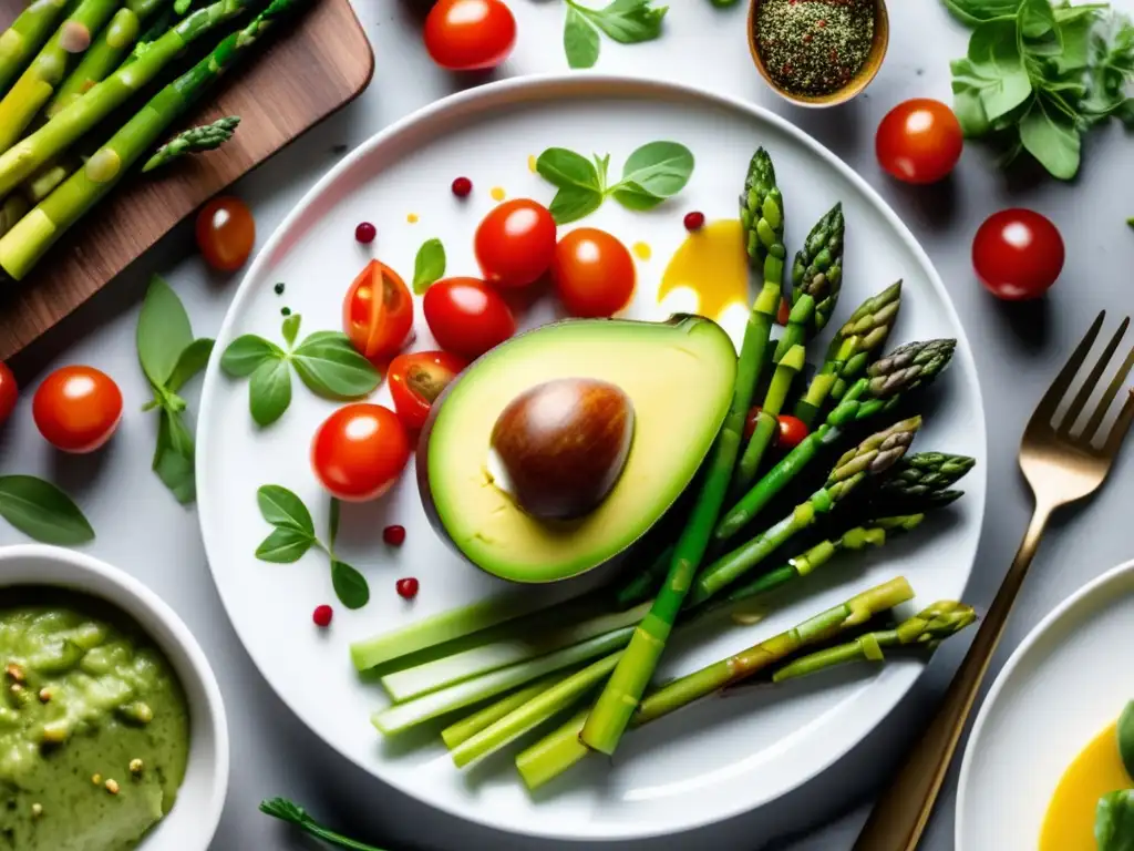 Una meticulosa organización alimentación cetogénica se refleja en la imagen de una colorida selección de alimentos sobre un elegante plato blanco.