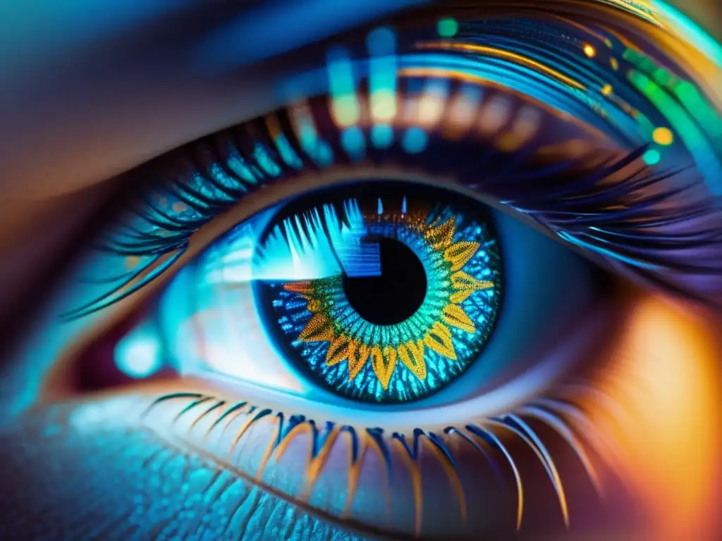Ojo humano con proyección de algoritmo y datos Una mirada futurista con algoritmos proyectados en el iris, reflejando la ética de la inteligencia artificial.