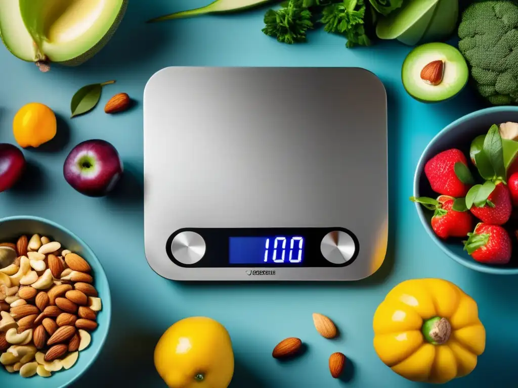Báscula de cocina moderna con frutas y verduras vibrantes